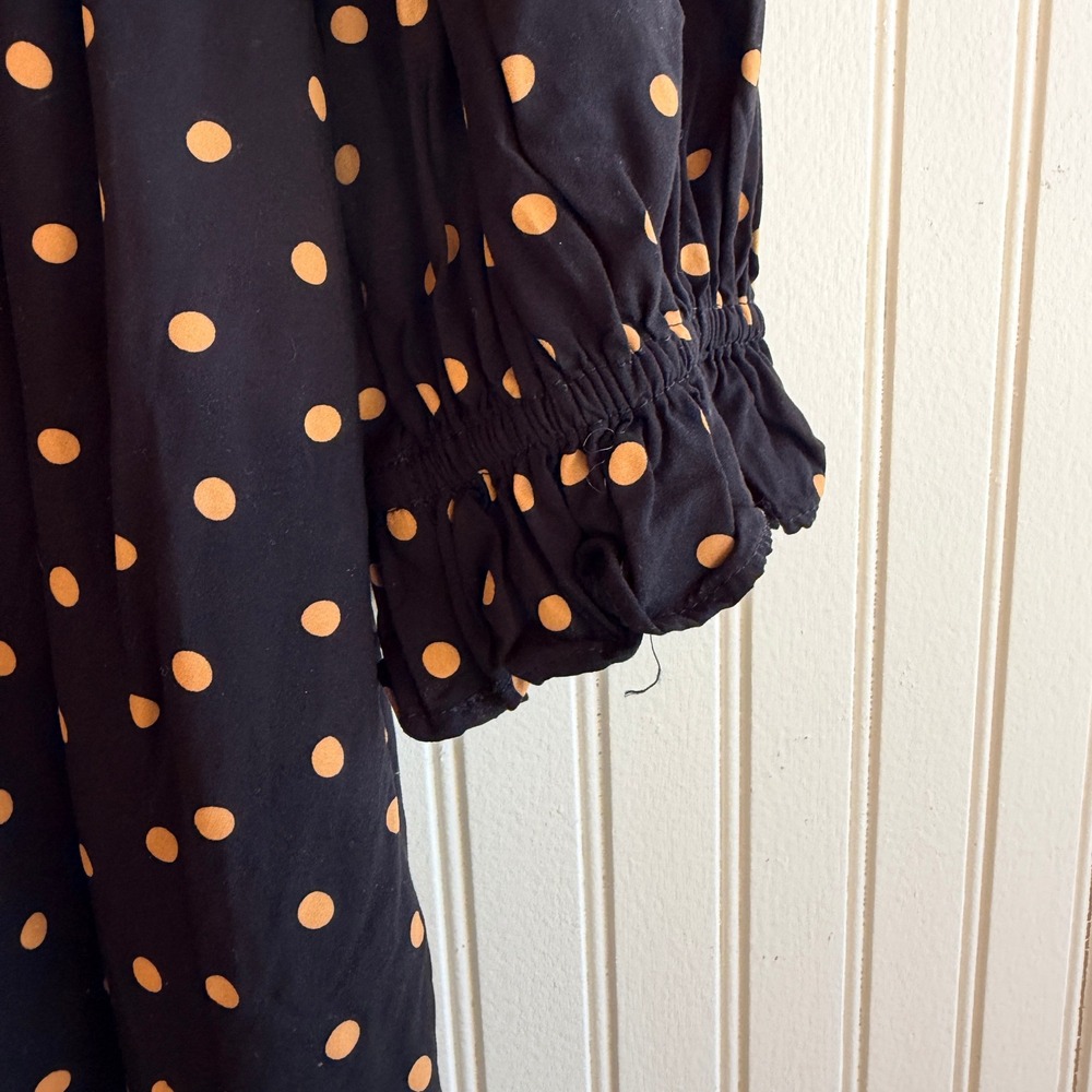 Madewell‎ Smocked Ruffle Shoulder Mini Dress Black Gold Polka Dot Viscose Small - Picture 10 of 11